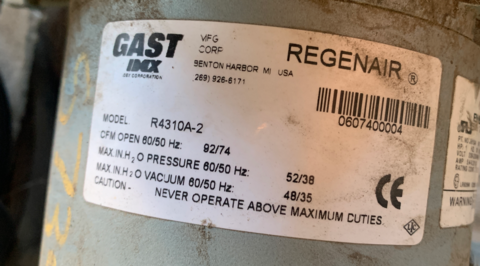 92 CFM, Gast #R4310A-2, vacuum pump, Gast Regenair blower, 1 HP, unused - Image 4