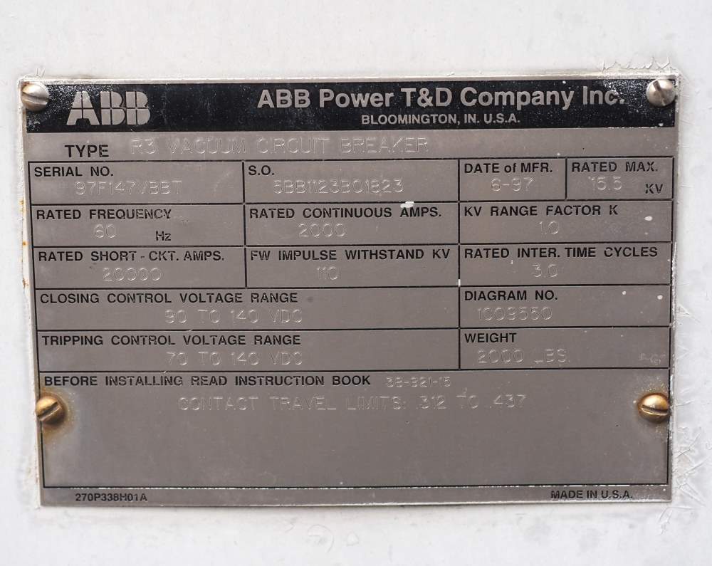 2000 Amp, ABB, R-3, 15.5 KV, VACUUM, 125VDC C+T, 20kA SHORT - Image 1