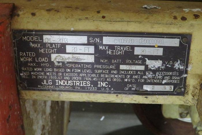 750 lb. JLG #CM-2033, electric scissor lift, 20' platform hght, 20
