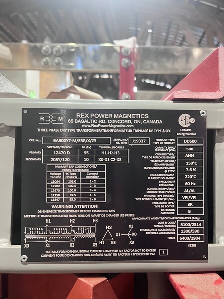 500 KVA 12470 Pri. 208Y/120 Sec., 3 phase dry taps (2) 2.5% a+bn c & c only - Image 3