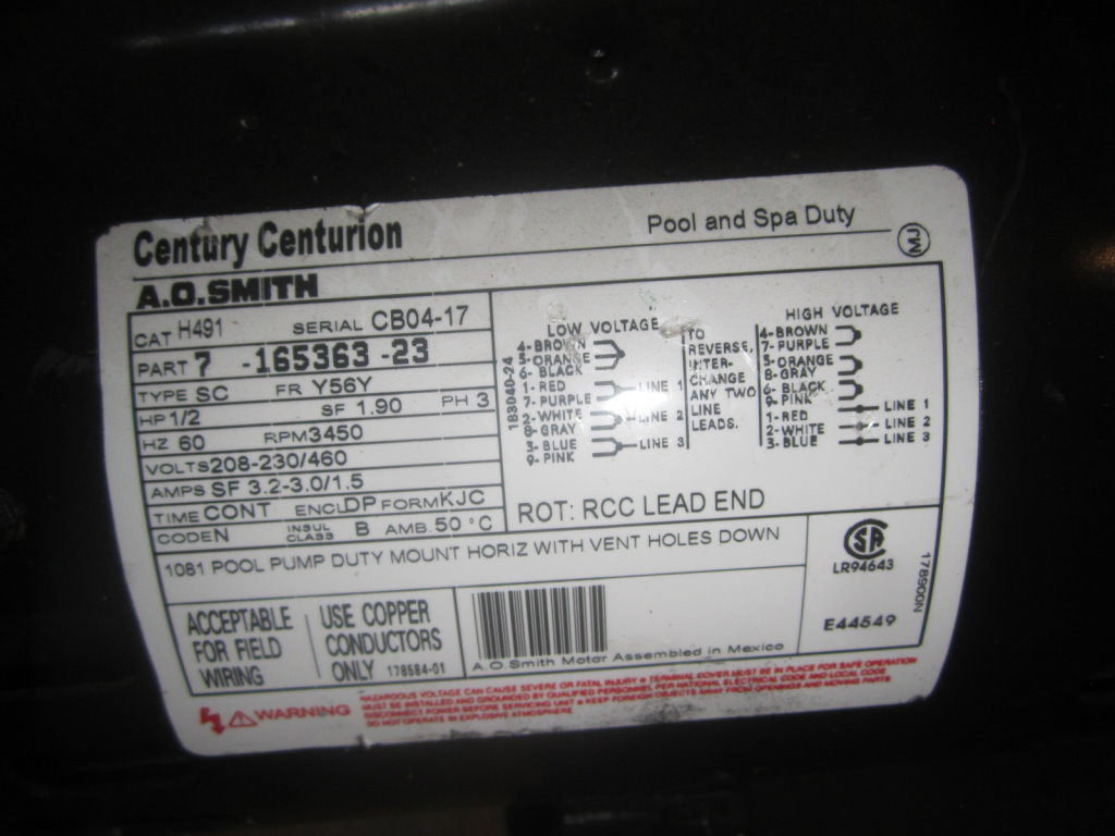 Centurion #A86B, Pool and Spa pump, 1.5" Inlet x 1" Outlet, 1/2 HP, 208/230/460V, 3450 RPM - Image 4