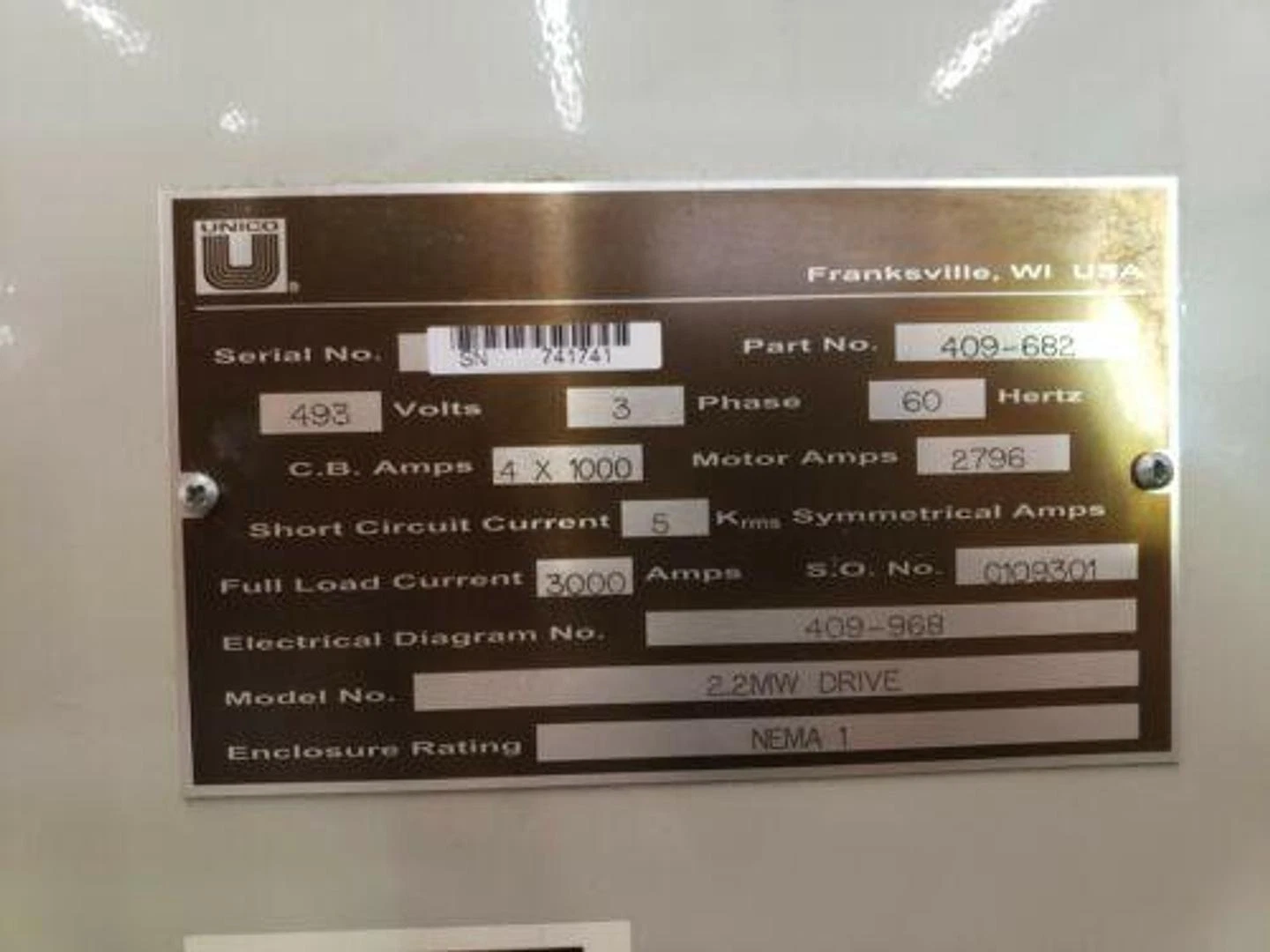 Unico, 2.2 MW drive, 3-Phase, 60 Hz, 3000 FLA, Nema I, 493 Volts, #409-682,2013 - Image 2