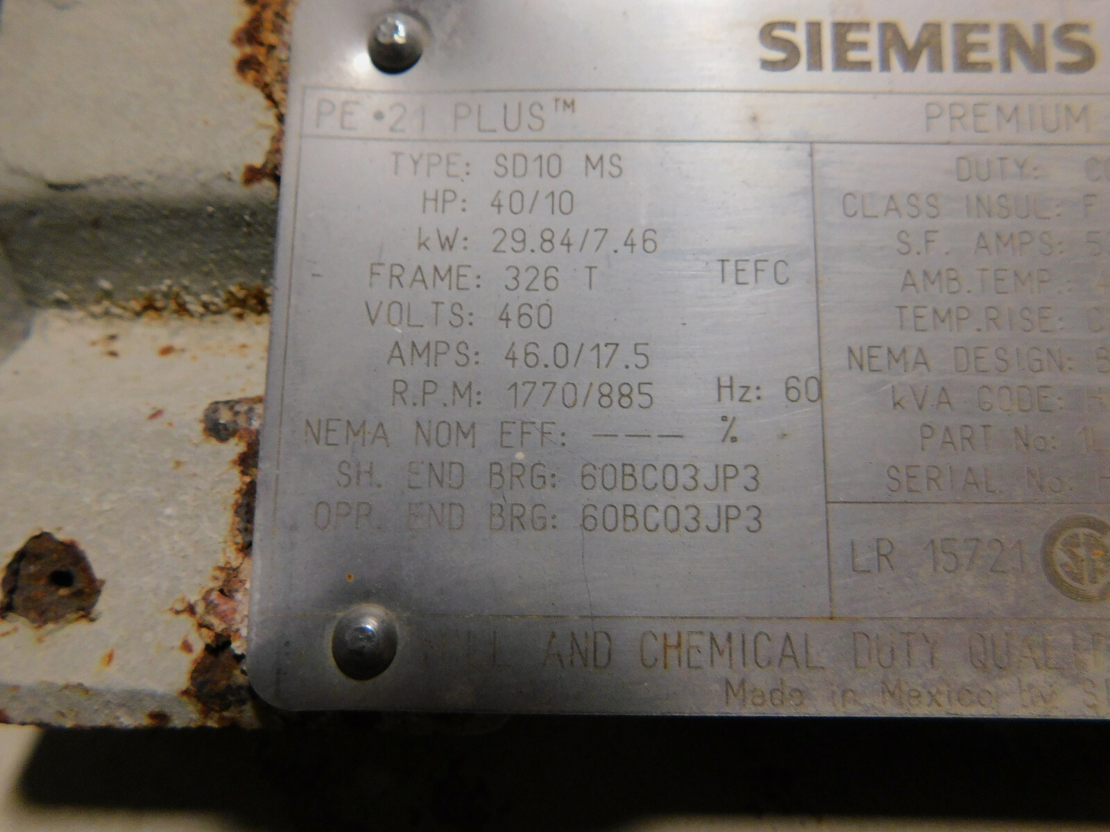 40/10 HP 1770/885 RPM Siemens, Frame 326T/324T, 1.15 service factor, Premium Eff., 460 Volts, Used - Image 7