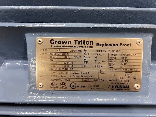 75 HP 1780 RPM Hyundai Crown Triton, Frame 365TC, explosion proof, 230/460 Volts - Image 2