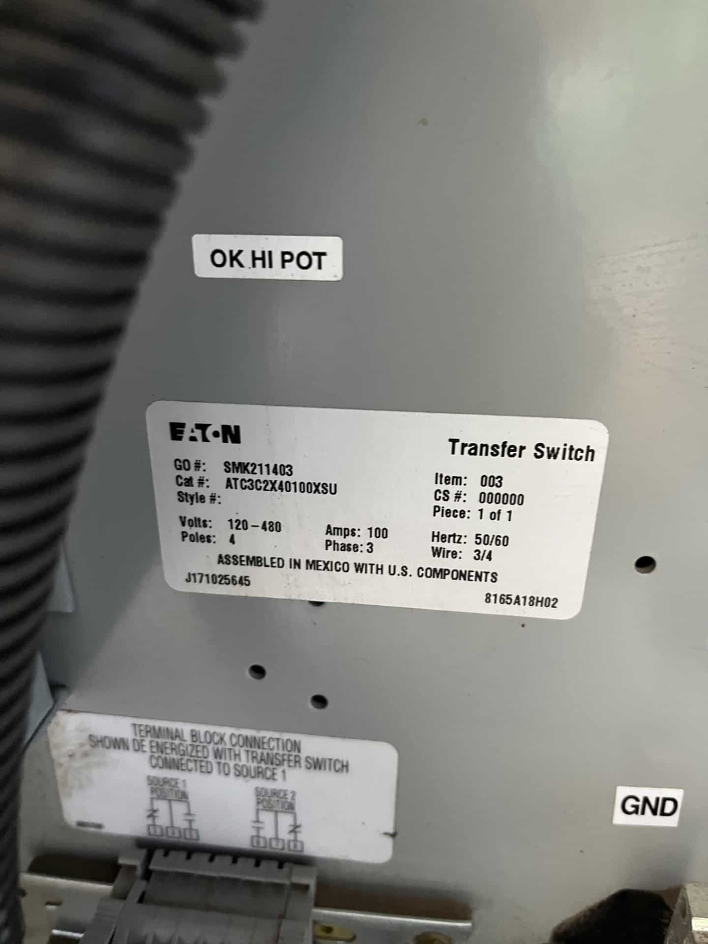 100 Amp. Eaton #ATC3C2X40100XSU, automatic transfer switch, 480 Volts, Nema 1, 2018 - Image 4