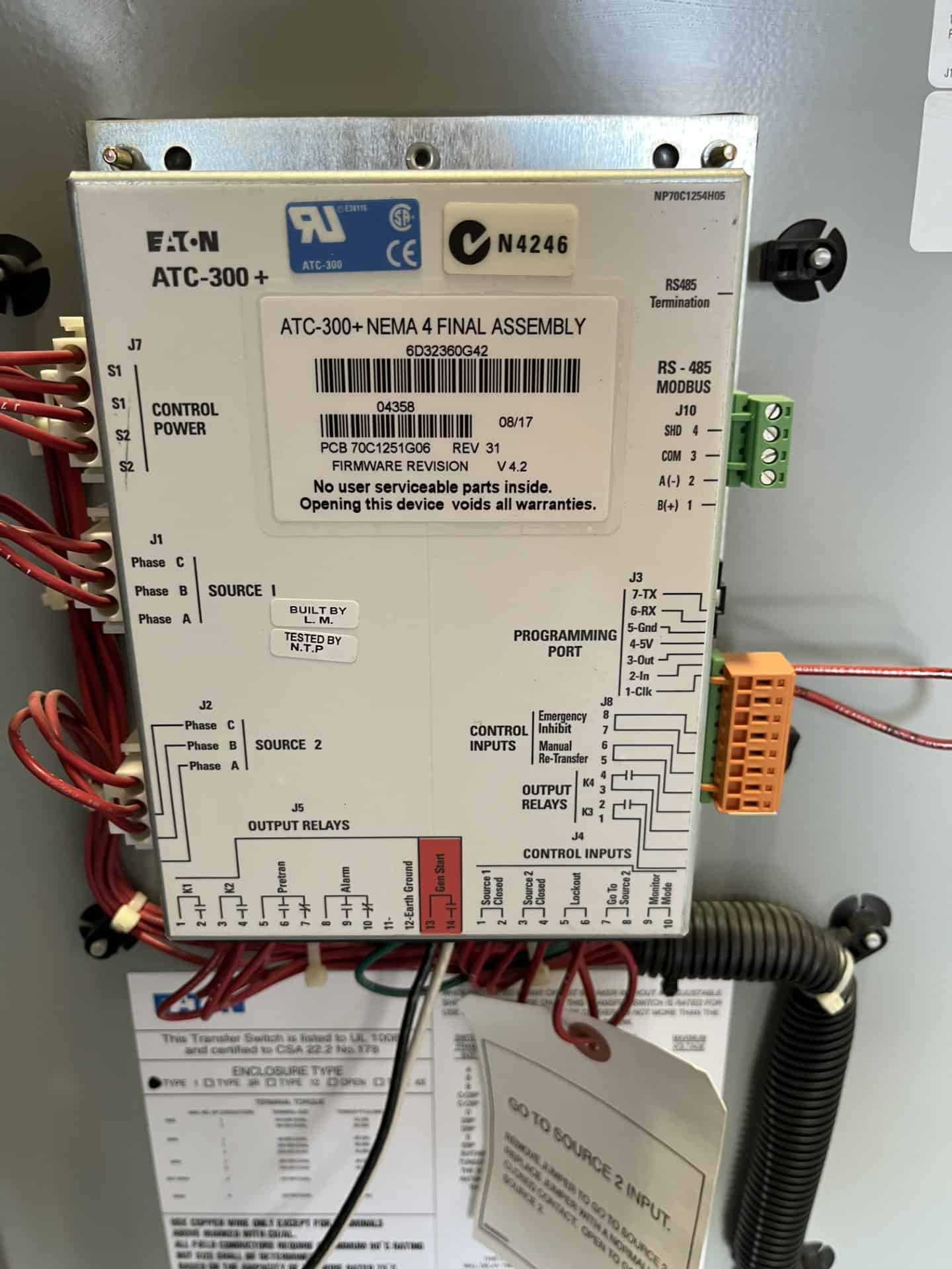 100 Amp. Eaton #ATC3C2X40100XSU, automatic transfer switch, 480 Volts, Nema 1, 2018 - Image 6