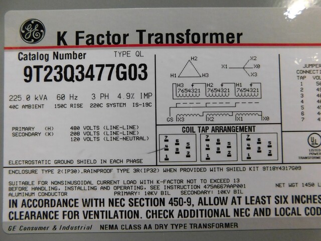 225 KVA 480 Primary, 208/120 Secondary, General Electric 9T23Q3477G032 K-Factor, dry type transformer - Image 9