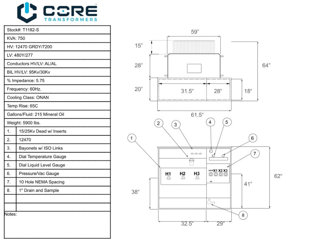 750 KVA 12470GrdY/7200 Primary, 480Y/277 Secondary, Pad, proCORE - Image 1