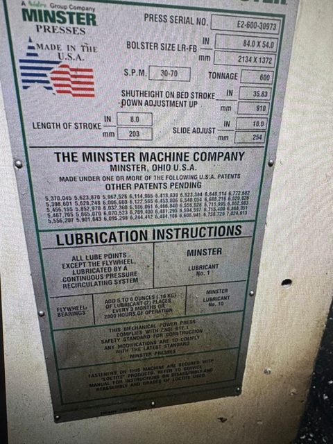 600 Ton, Minster #E2-600-84-54, Eccentric geared straight side double crank press, 8" stroke, 35.8" Shut - Image 3