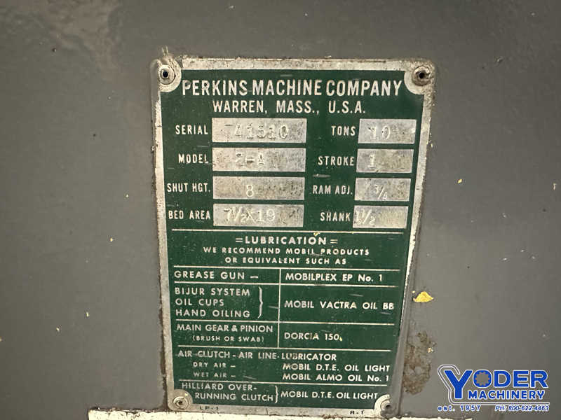 10 Ton, Perkins #2A, OBI flywheel press, 1" stroke, 8" Shut Height, 19" x7-1/2" bed, air clutch, 1 HP - Image 7