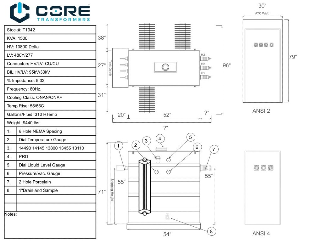 1500 KVA 13800 Delta Primary, 480Y/277 Secondary, SUB, Recon(2 available, shipment available in 10 days) - Image 2