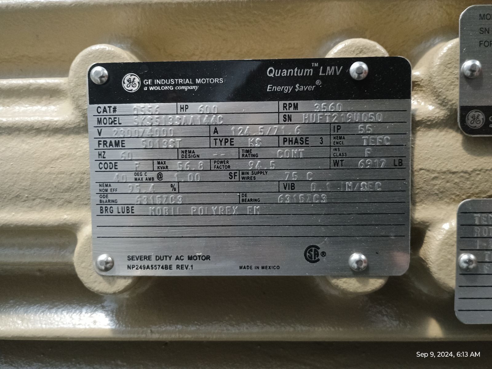 600 HP 3600 RPM General Electric, Frame 5012/13ST, TEFC, Ball, 2300/4160 Volts, new 4 in stock Q556 3-Year - Image 5