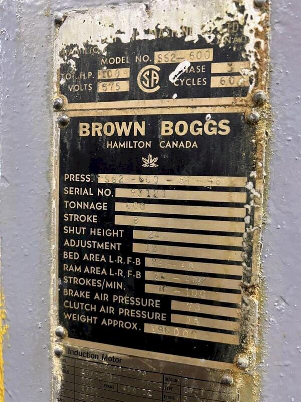 600 Ton, Brown & Boggs #SS2-600-84-48, straight side double crank, 8" stroke, 24" Shut Height, 12" ram adj. - Image 10