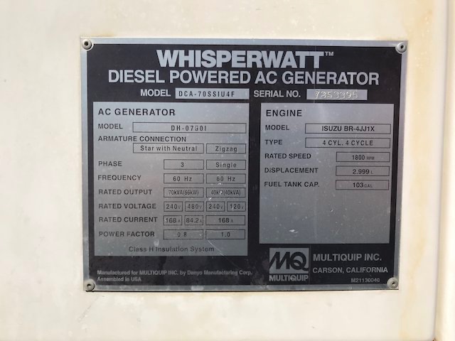 62 KW Multiquip #DCA70SSIU4F, trailer mounted, Tier 4F, sound attenuated enclosure, 120/240/208/277/480 - Image 7