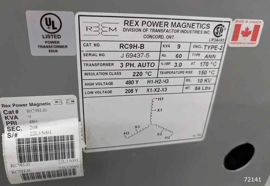 9 KVA 480 Primary, 240 Secondary, Rex Power magnets #RC9H-B, S/N J 69437-5, new - Image 2