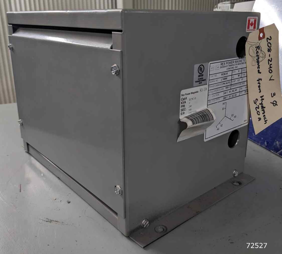 9 KVA 240 Primary, 208 Secondary, Rex Power magnets #RC9C-B, S/N J 16890, new - Image 4