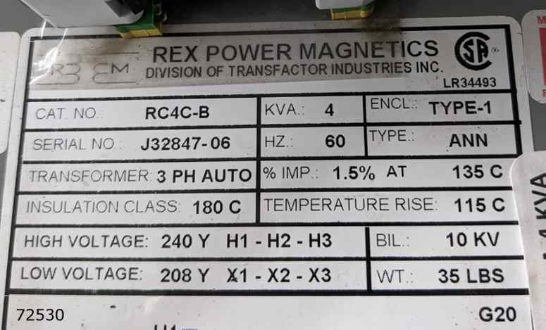 4 KVA 240 Primary, 208 Secondary, Rex Power magnets #RC4C-B, S/N J32847-06, new - Image 2