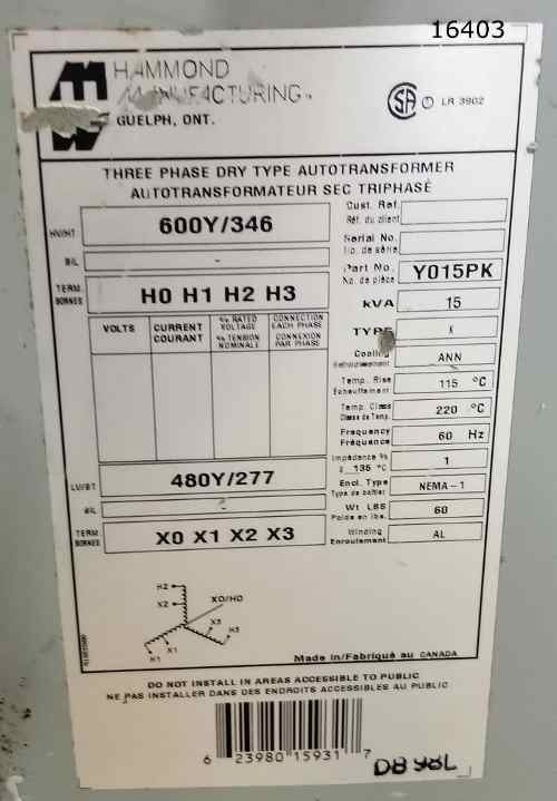 15 KVA 600Y/346 Primary, 408Y/277 Secondary, Hammond - Image 4