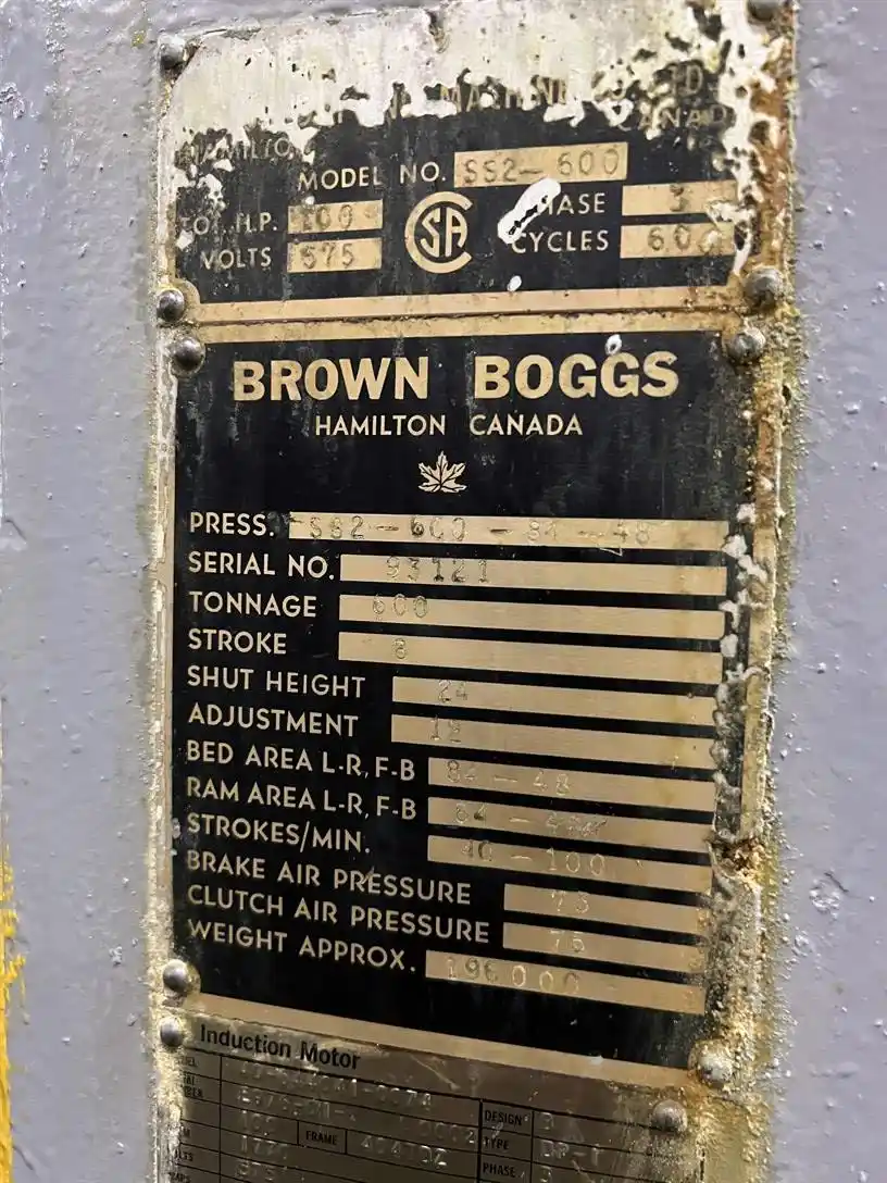 600 Ton, Brown & Boggs #SS2-600-84-48, straight side double crank press, 8" stroke, 24" Shut Height, 12" - Image 10
