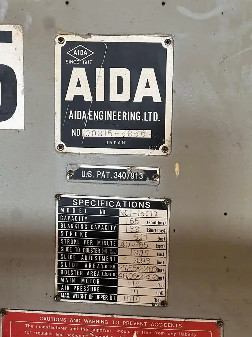 165 Ton, Aida #NC1-15, OBI press, 5.1" stroke, 13.77" Shut Height, 3.983"adj., 46.06"x23.62"table, 40-85 - Image 9