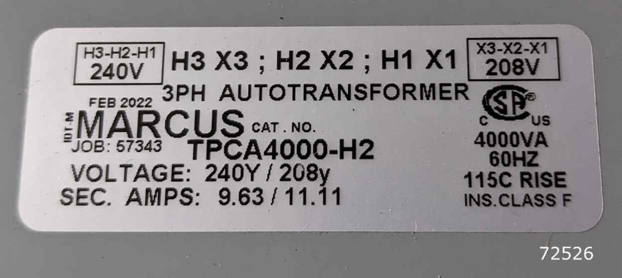 4 KVA 240 Primary, 208 Secondary, Hyd-Mech / Marcus #TPCA4000-H2, new - Image 2