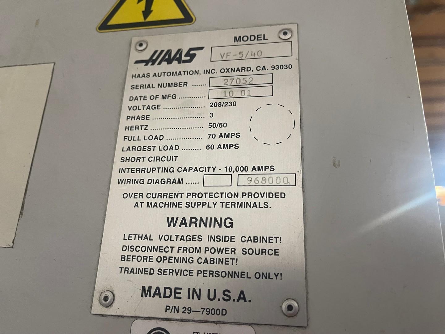 Haas #VF-5, CNC vertical machining center, 20 automatic tool changer, 50" X, 25" Y, 25" Z, 10000 RPM, #40, 30 - Image 7