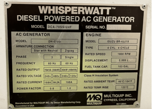 62 KW Multiquip #DCA70SSIU4F, trailer mounted, Tier 4F, 120/240/208/277/480 Volts, 9043 hours, 2020, $33.5k - Image 8