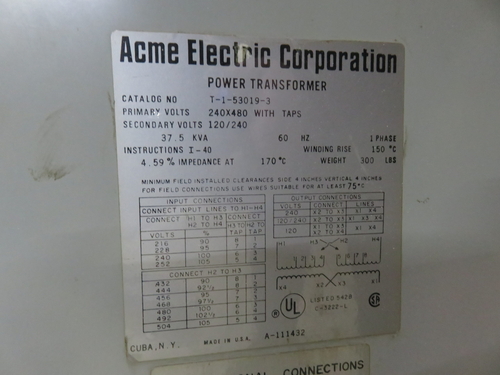 37.5 KVA 240x480 Primary, 120/240 Secondary, Acme T-1-53019-3, transformer, with taps, 1 yr warranty - Image 4