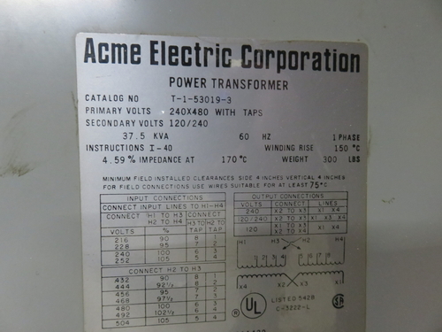 37.5 KVA 240x480 Primary, 120/240 Secondary, Acme T-1-53019-3, transformer, with taps, 1 yr warranty - Image 5
