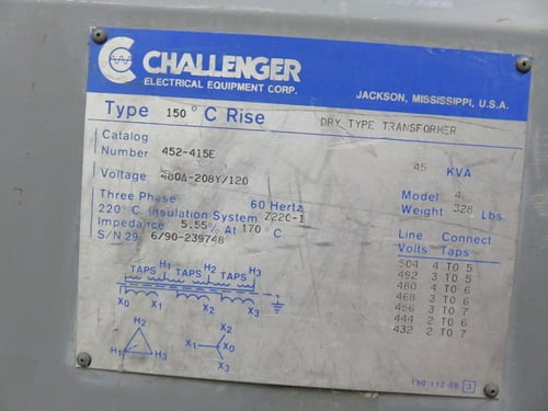 45 KVA 480 Delta Primary, 208Y/120 Secondary, Challenger 452-415E, transformer, 1 yr warranty - Image 9