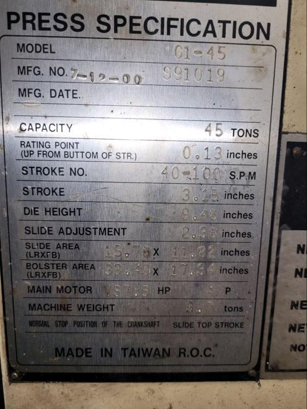45 Ton, Stamtec #G1-45, 3.15" stroke, 40-100 SPF, 2000 - Image 5