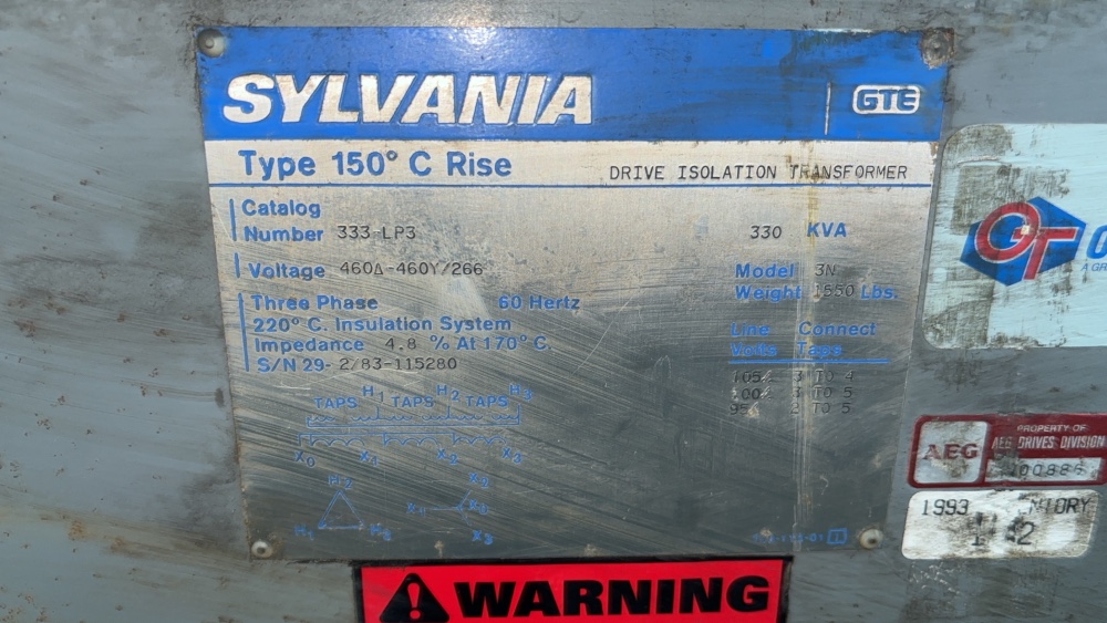 330 KVA 460 Primary, 460Y/266 Secondary, Sylvania, w/taps - Image 2