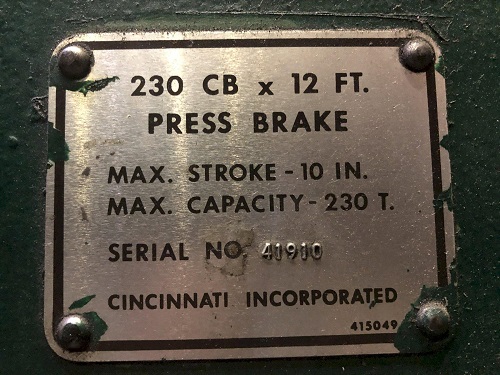 230 Ton, Cincinnati #230CBX12, hydraulic press brake, 14' overall, 150" between housing, 10" stroke, 35 HP - Image 3