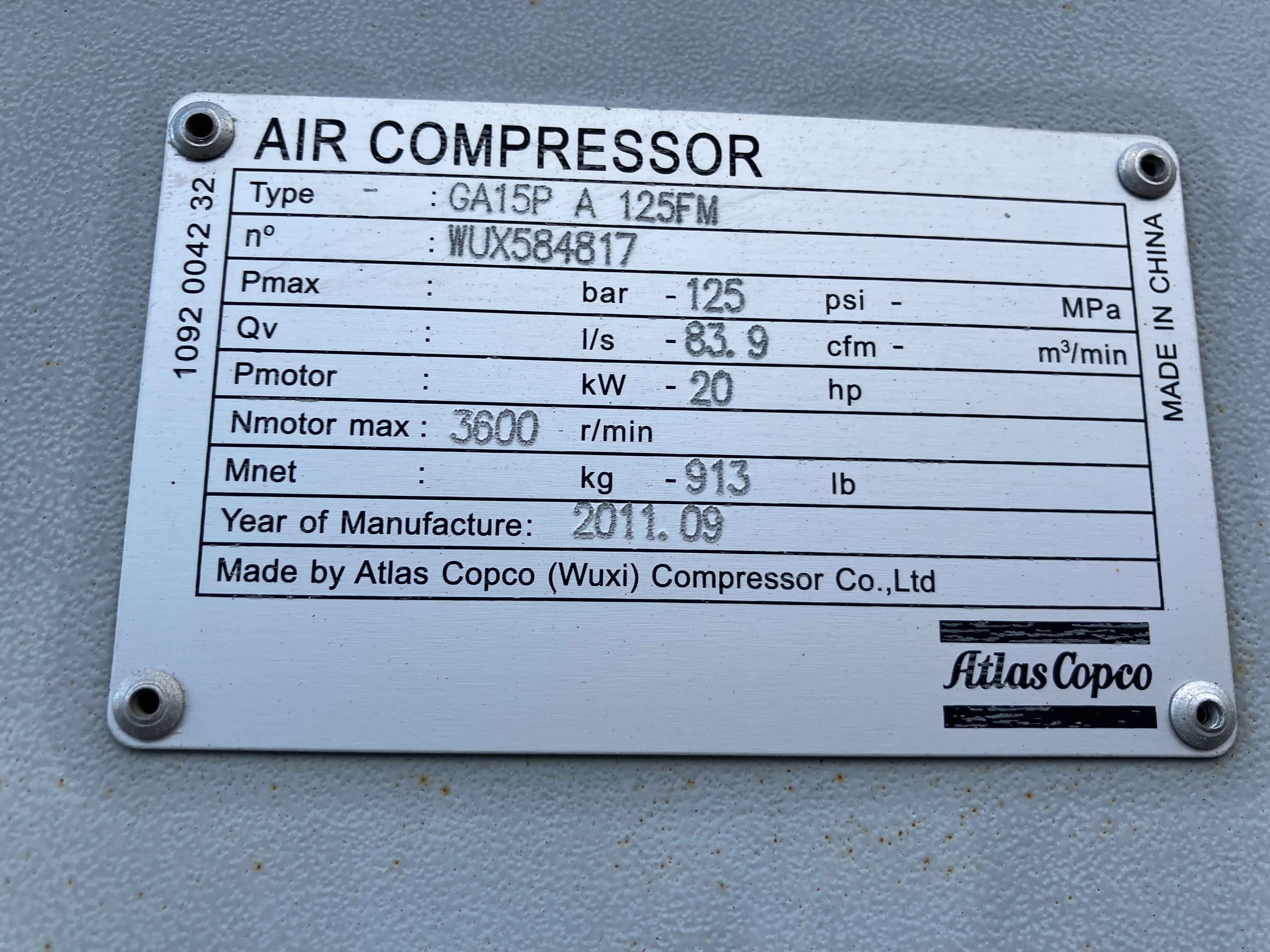 20 HP Atlas Copco #GA15, Air Compressor, S/N WUX584817, 2011 - Image 7