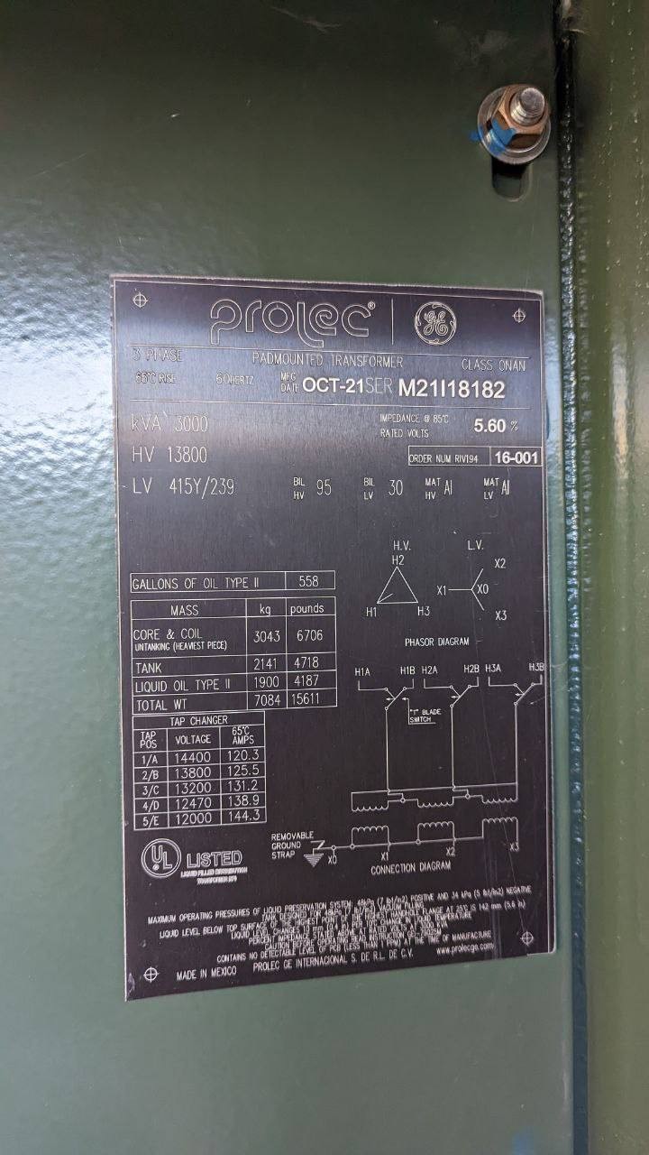 3000 KVA 13800 Primary, 415Y/240 Secondary, General Electric Prolec, padmount transformers - Image 1