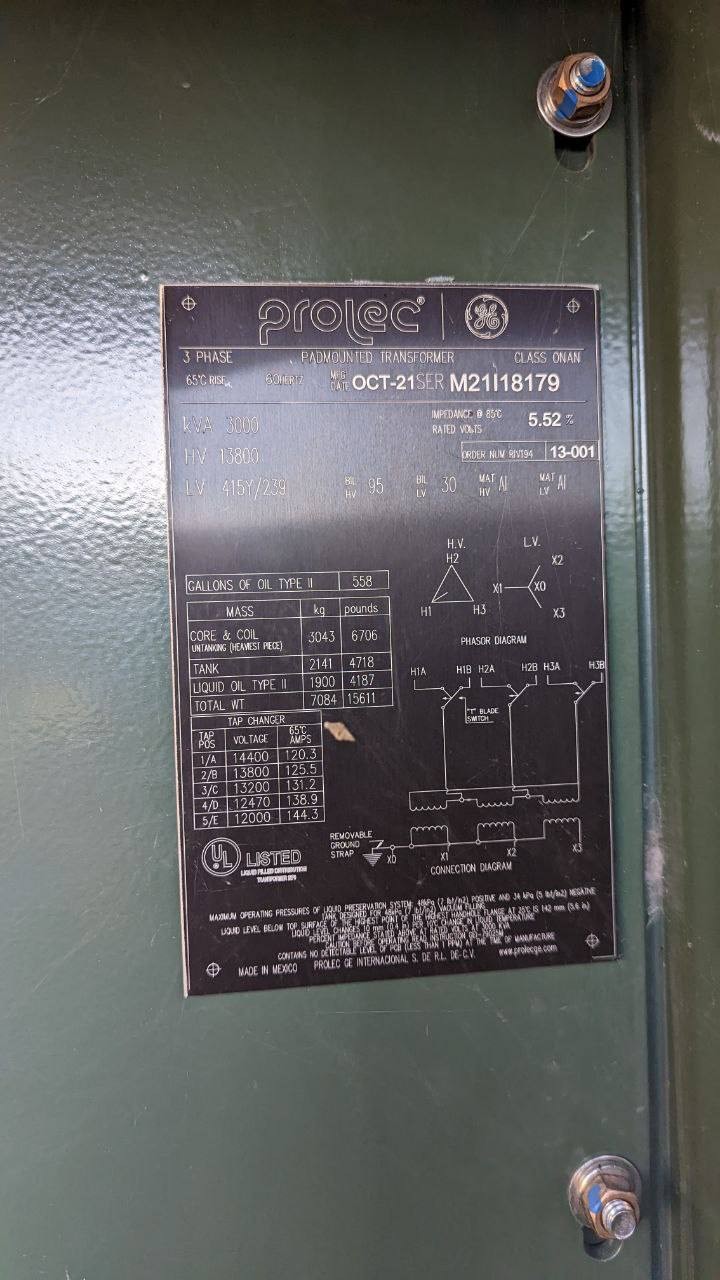3000 KVA 13800 Primary, 415Y/240 Secondary, General Electric Prolec, padmount transformers - Image 2