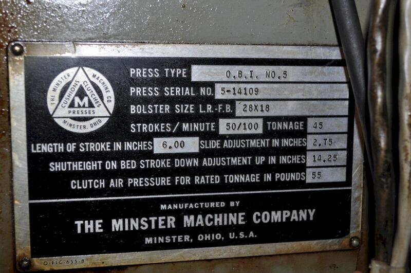 45 Ton, Minster #5, OBI press, 6" stroke, 14.25" Shut Height, 2.75"ram adj., 50/100 SPM, 28" x18"bed, air - Image 6