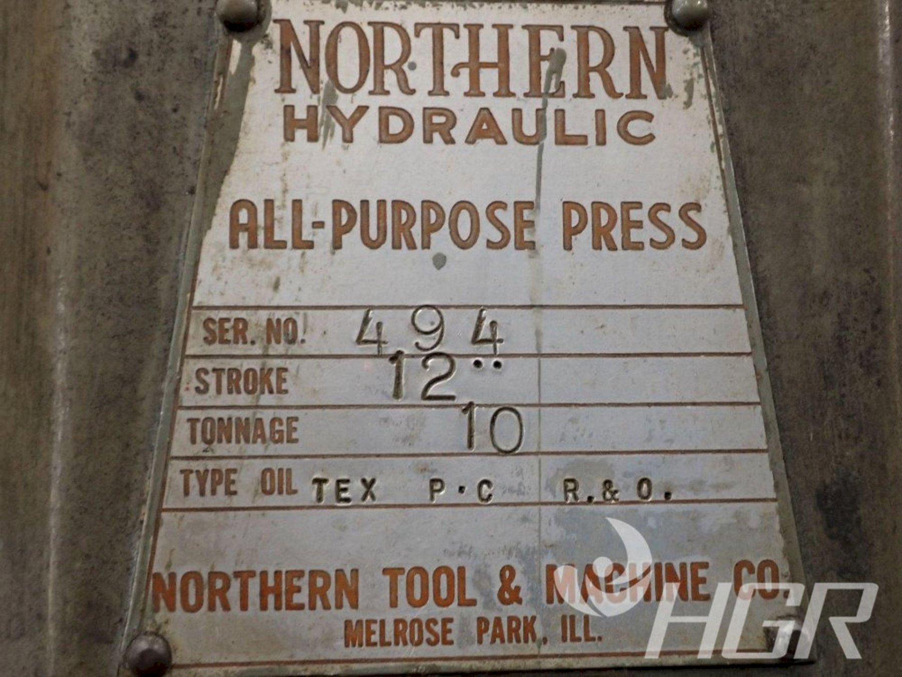10 Ton, Northern, hydraulic press, 12" stroke, 14" daylight, 8" diameter ram, 20" x12" bed, 30 gallon - Image 10