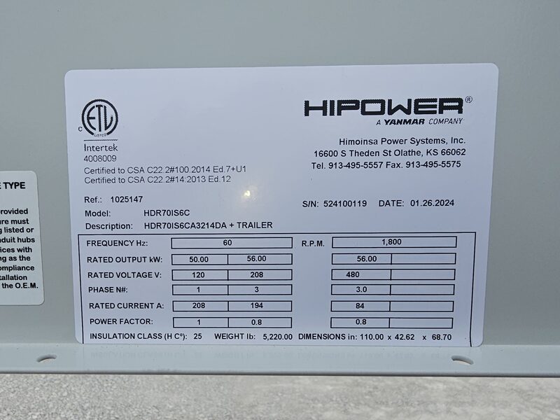 62 KW Hipower, portable diesel generator set, 1800 RPM, Isuzu 4JJ1X engine, 2024, new - Image 2