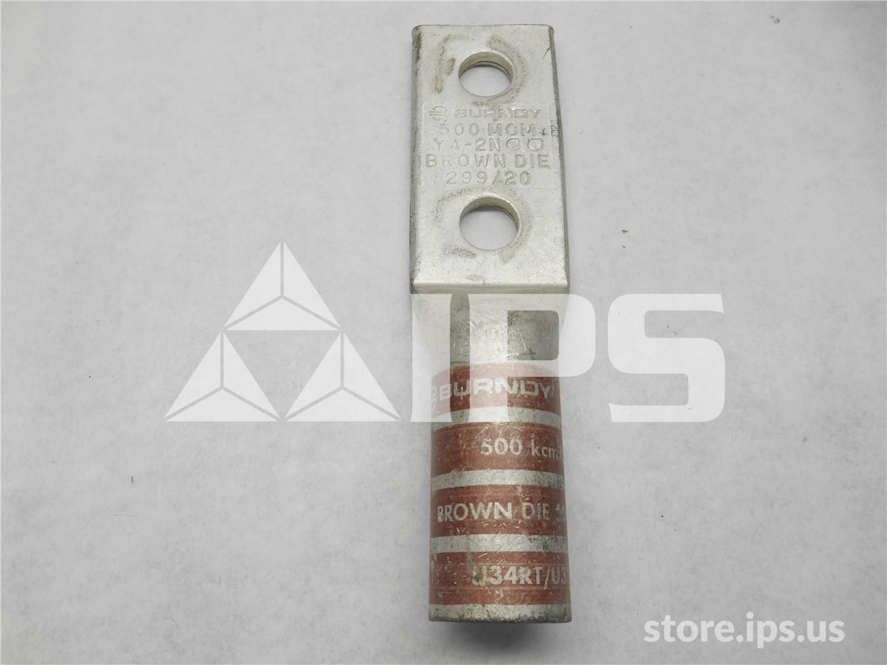 Burndy Type Ya-2n 2 Hole Long Barrel Lug Unused Surplus 500 Kcmil Cu, 1/2 Inch Hole, 1-3/4 Inch Stud Hole - Image 1