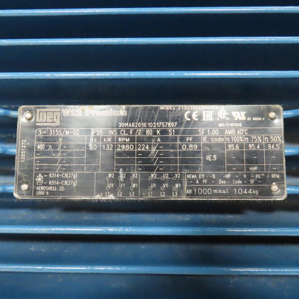 HP 2980 RPM Weg Z13230ET3X030416, Frame 315S/M, 132kW AC Electric Motor, 400 Volts, 3PH 50HZ 315S/M - Image 2