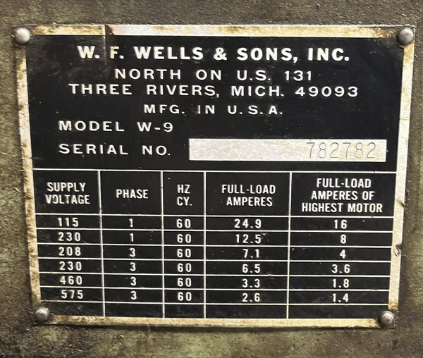 9" x 18" W.f. Wells #W-9, horizontal band saw, 1" x .035" x 11' 6" blade, 60-300 FPM, twin post, coolant - Image 4