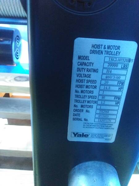 10 Ton, Yale, Hoist 20 FPM, Trolley 80 FPM, 460 V., YK Series, new - Image 2