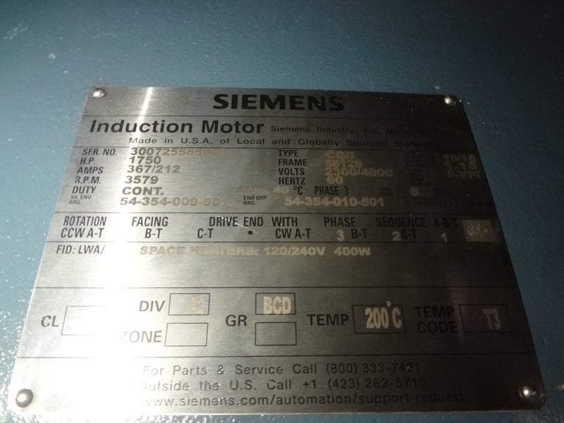 1750 HP 3580 RPM Siemens, Frame 5812S, weather protected enclosure type 2 SB, new, 2300/4000 Volts - Image 4