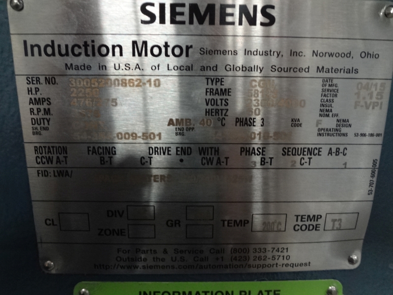 2250 HP 3600 RPM Siemens, Frame 5812S, weather protected enclosure type 2 SB, new, 2300/4000 Volts (2 - Image 2