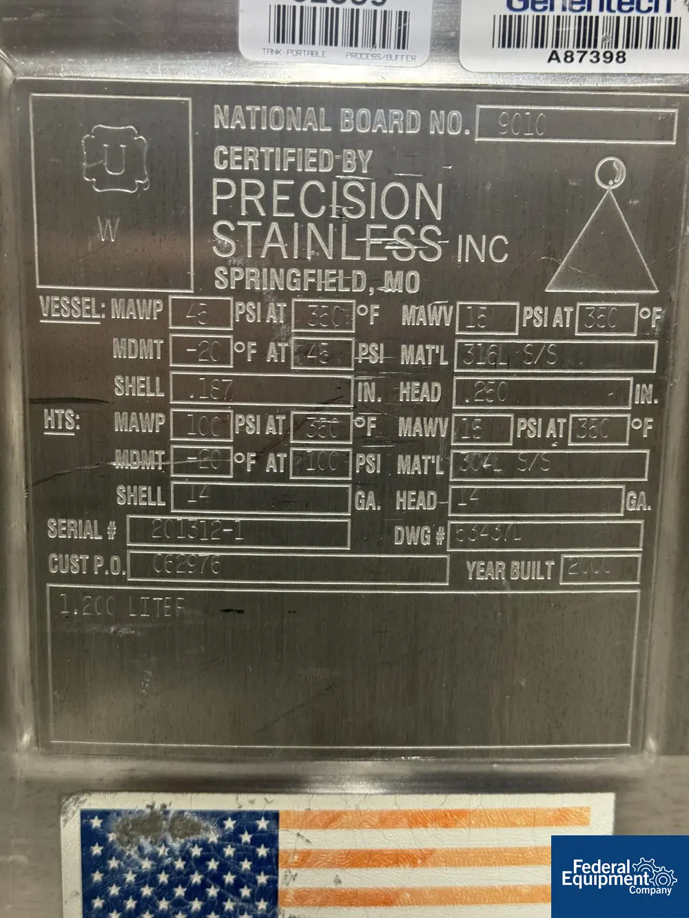317 gallon Precision Stainless Reactor, 316L Stainless Steel, dish top and bottom, 45 psi, jacketed 100 psi @ - Image 2