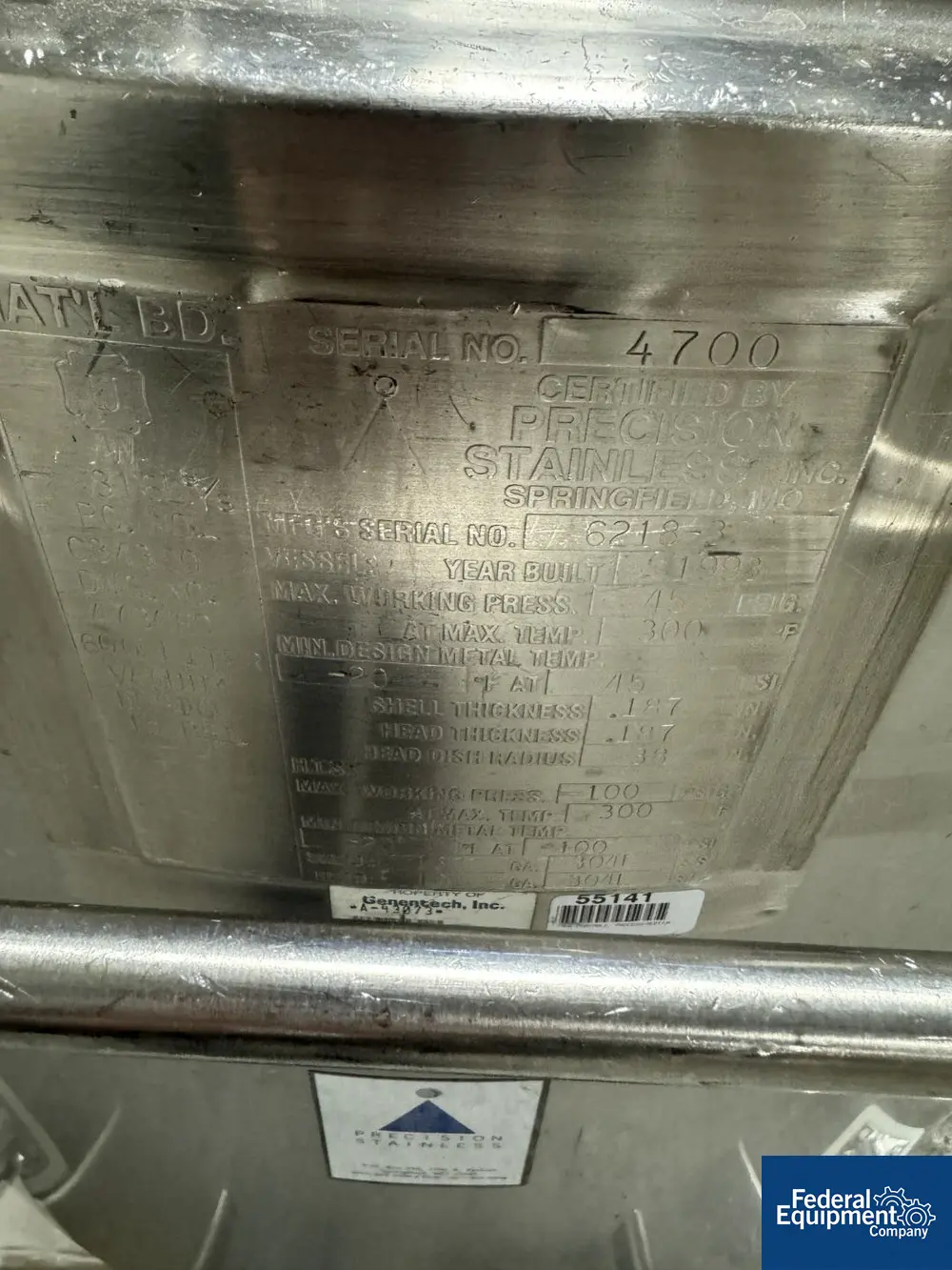 158 gallon Precision Stainless Reactor, 316L Stainless Steel, 38" diameter x 26" straight side, dish top & - Image 2