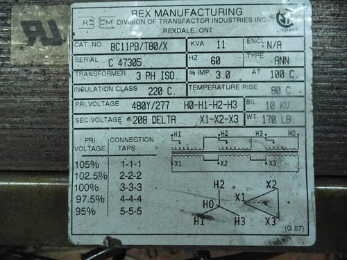 11 KVA 480/277 Primary, 208 Delta Secondary, Rex BC11PB/T800/X, type ANN isolation, 1 year warranty - Image 7