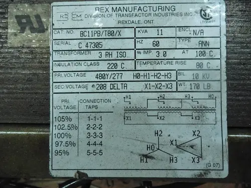 11 KVA 480/277 Primary, 208 Delta Secondary, Rex BC11PB/T800/X, type ANN isolation, 1 year warranty - Image 7