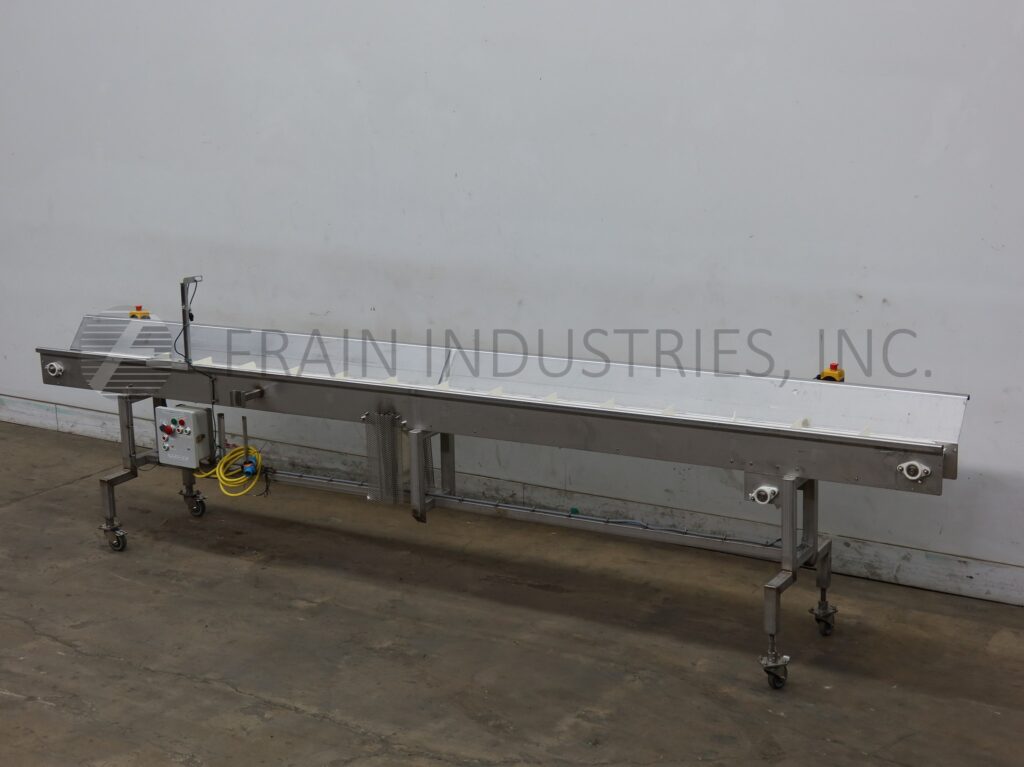7-1/2" wide x 15.3' long, Stainless Steel table top conveyor, mounted on frame with locking casters - Image 5